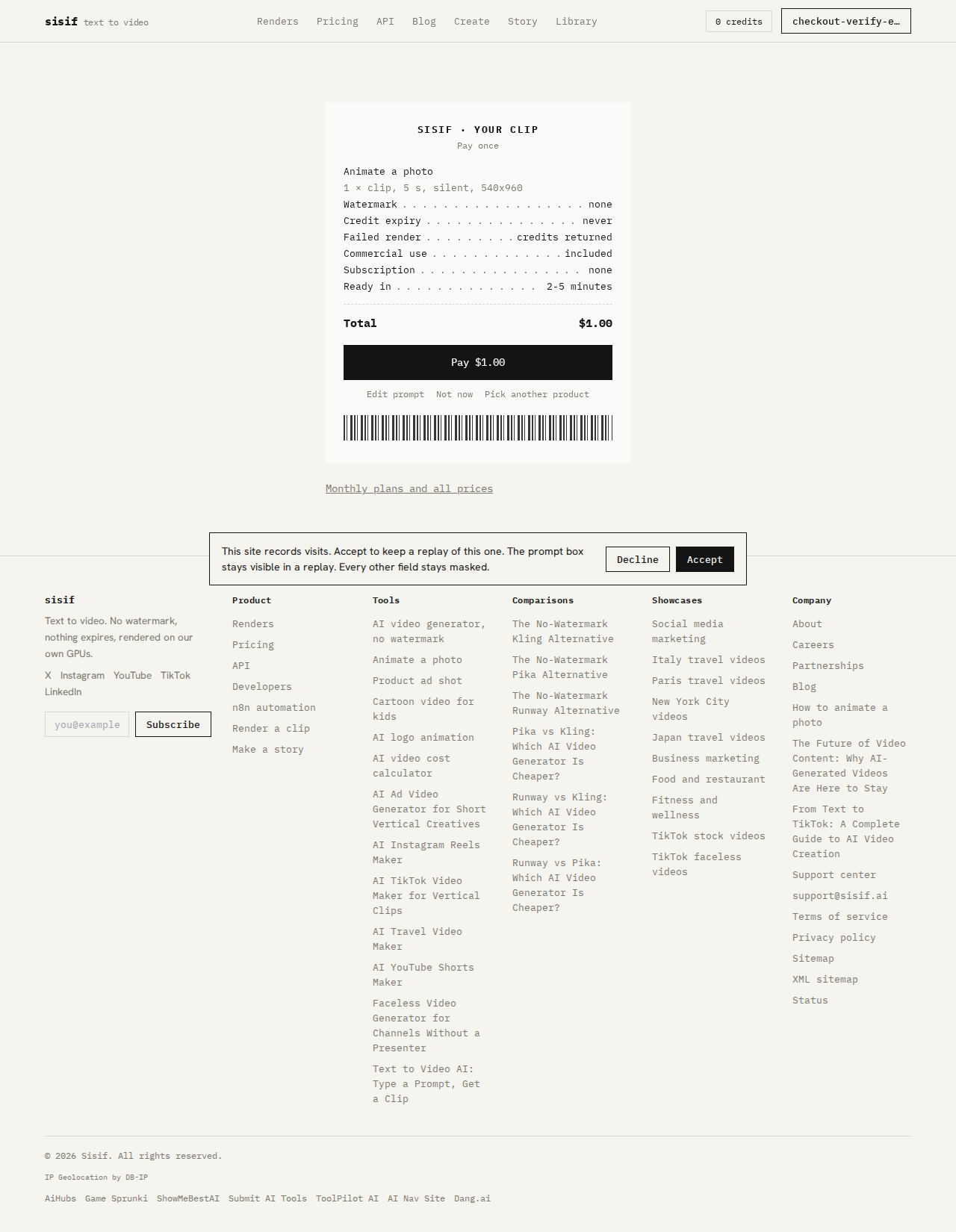 Sisif checkout showing one 5-second clip for $1